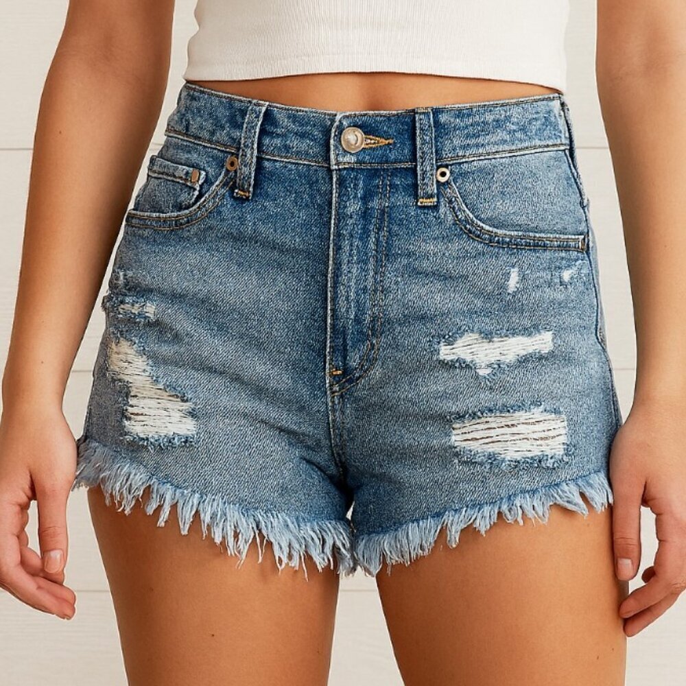 Mossimo Supply Co Women's Medium Wash Blue High Rise Cut Off Frayed Hem Shorts